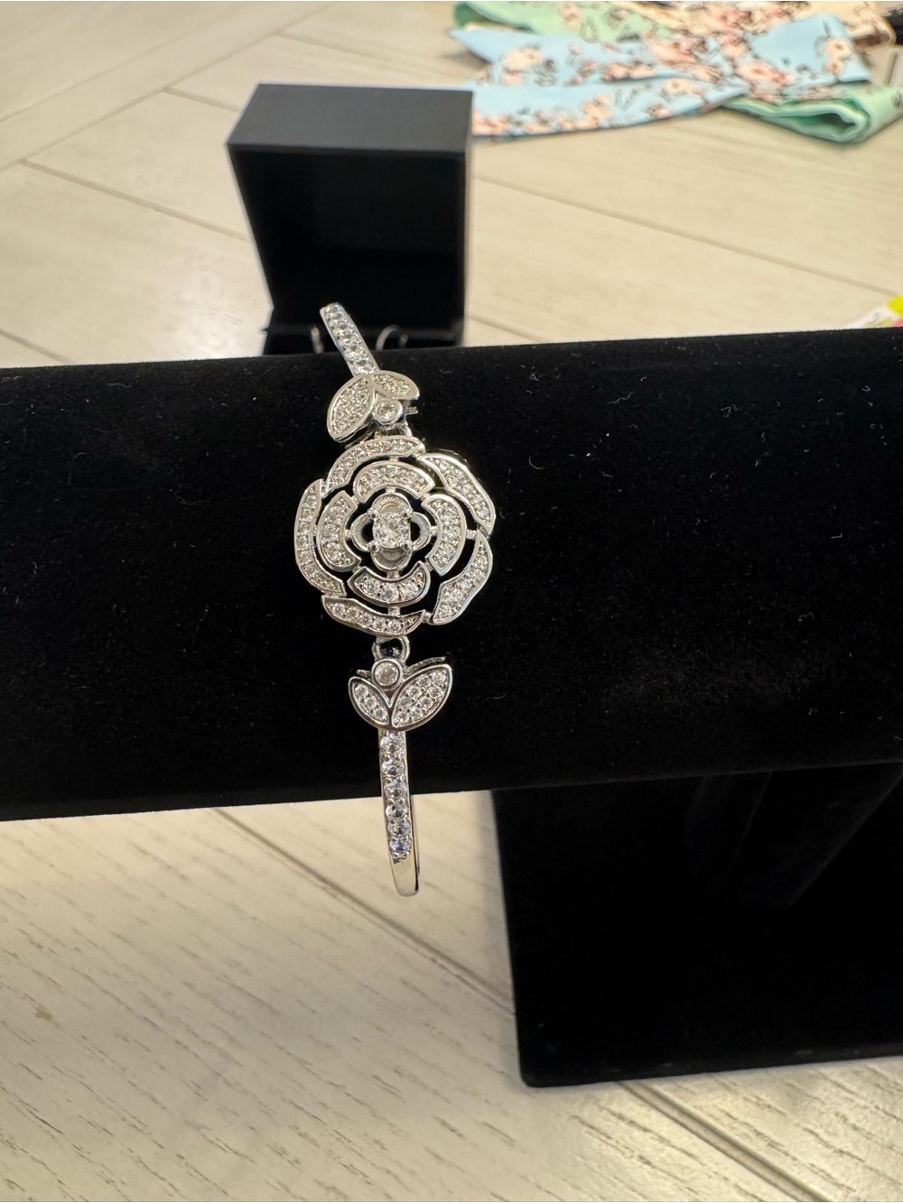 Silver Floral Pavé Crystal Bracelet - Women's Jewelry